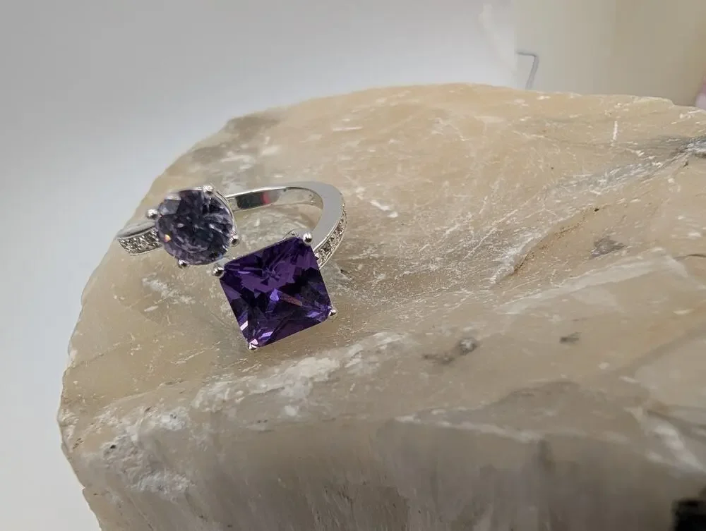 Fashion Silver Tone Bypass Ring Purple & Lavender Amethyst CZ Stones Size 7